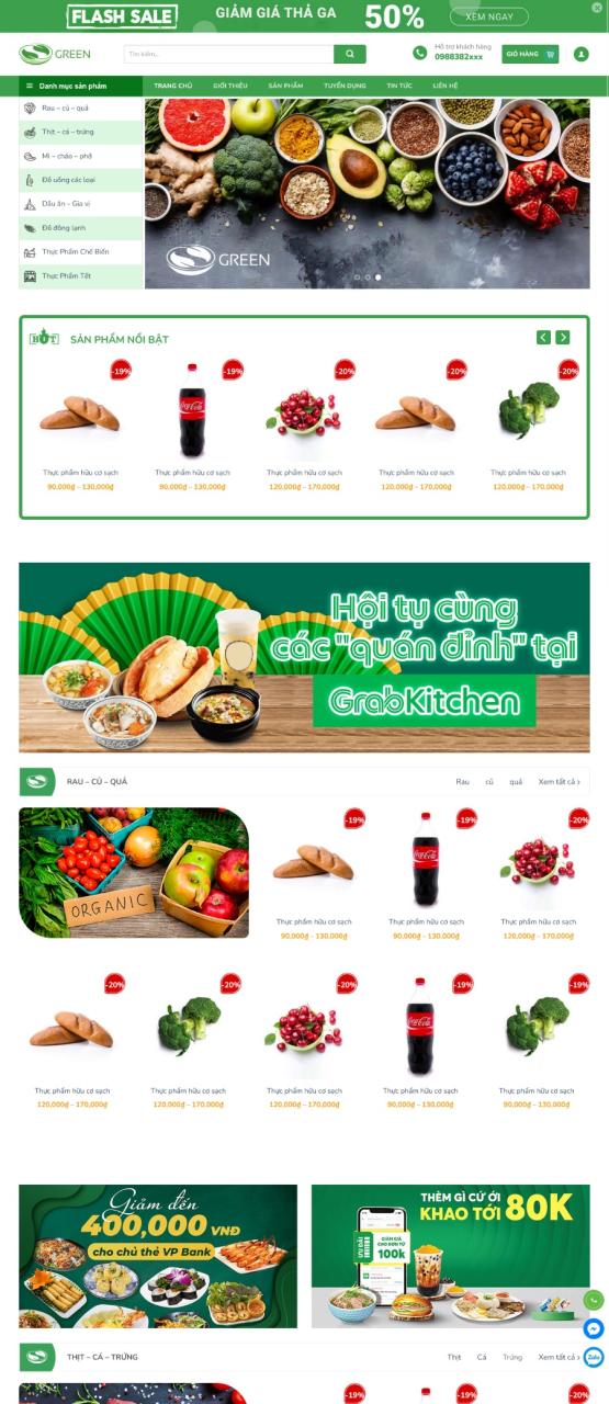 Mẫu giao diện website bán hàng tạp hóa Green